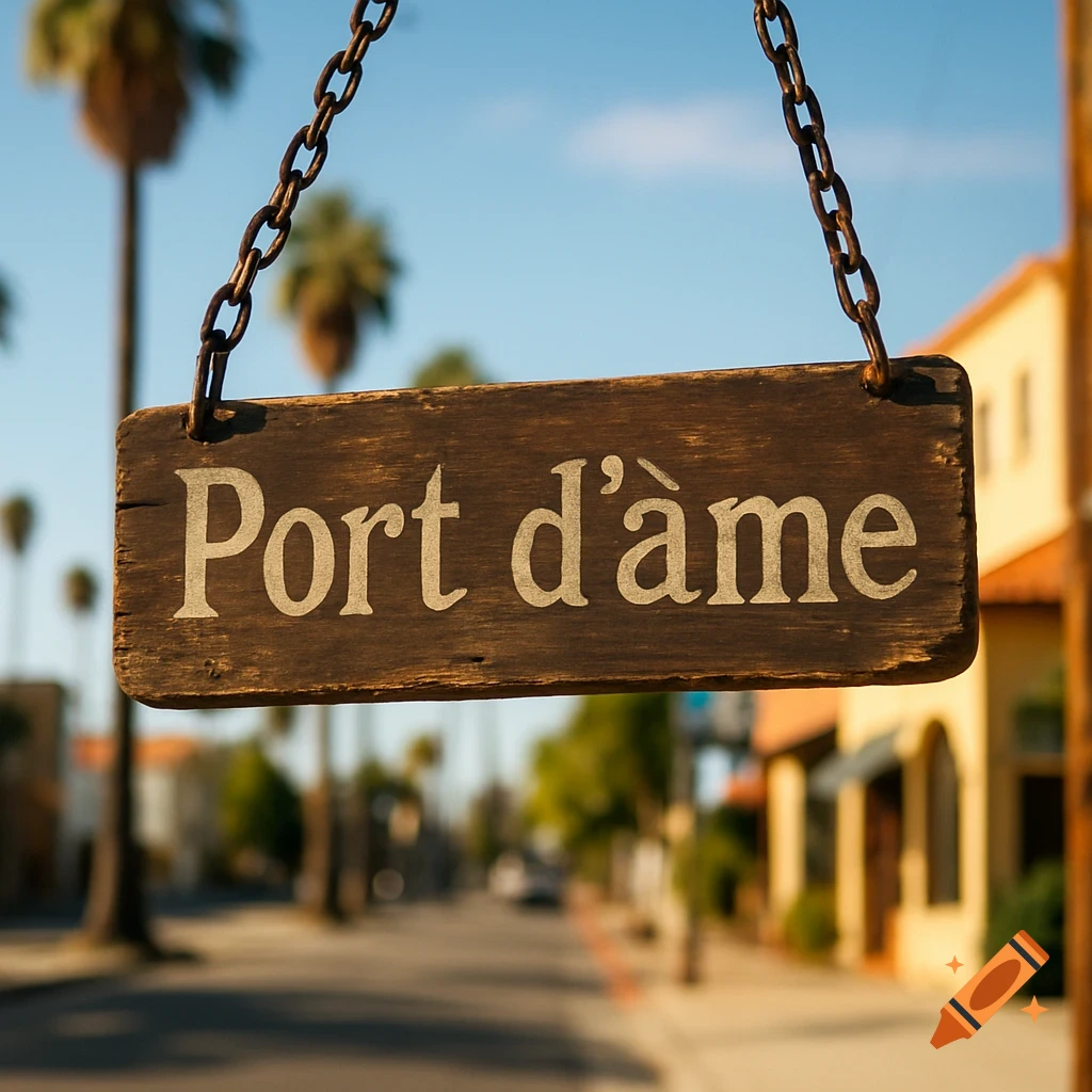 A weathered wooden sign with "Port d'âme" hangs on chains, with a sunny Los Angeles street, palm trees, and buildings in the blurred background.