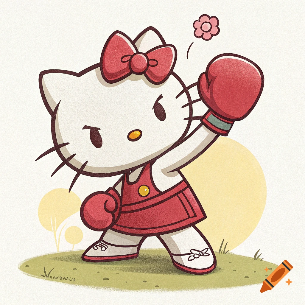 Hello Kitty in a red boxing dress and gloves, preparing to punch, with a flower floating nearby on a grassy background.