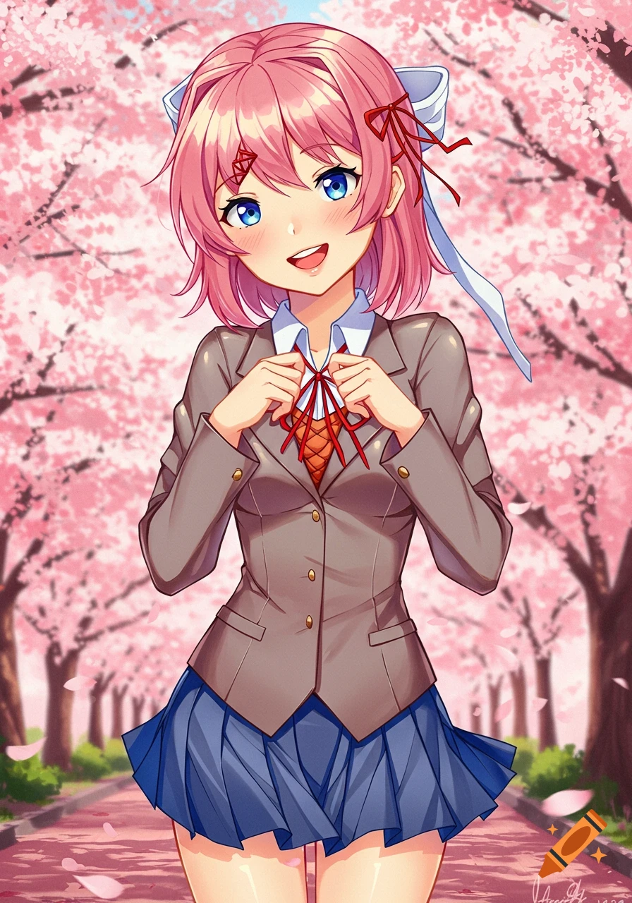 An anime girl with pink hair and blue eyes, wearing a school uniform, stands smiling on a cherry blossom-lined path.