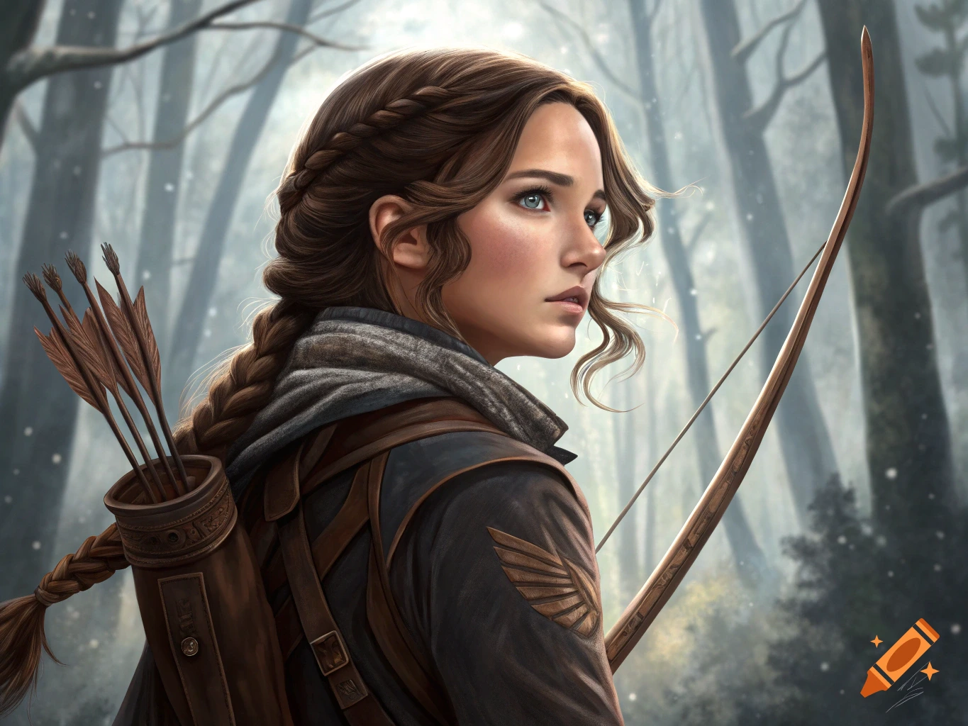 A young woman with braided brown hair, blue eyes, and a hooded jacket holds a bow and quiver of arrows in a snowy forest, digital painting.