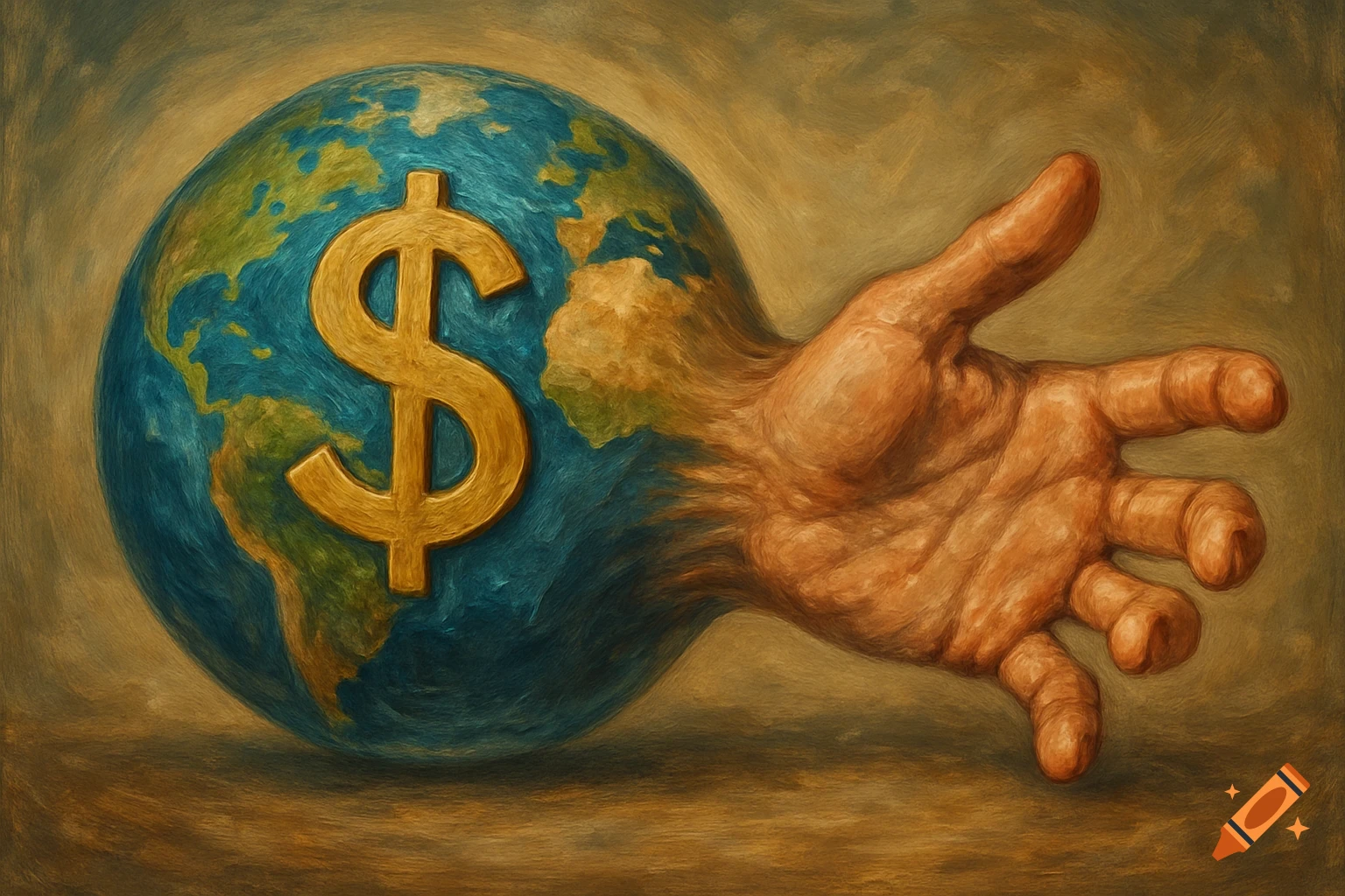 A painterly image of a globe with a prominent golden dollar sign, from which a large human hand emerges.