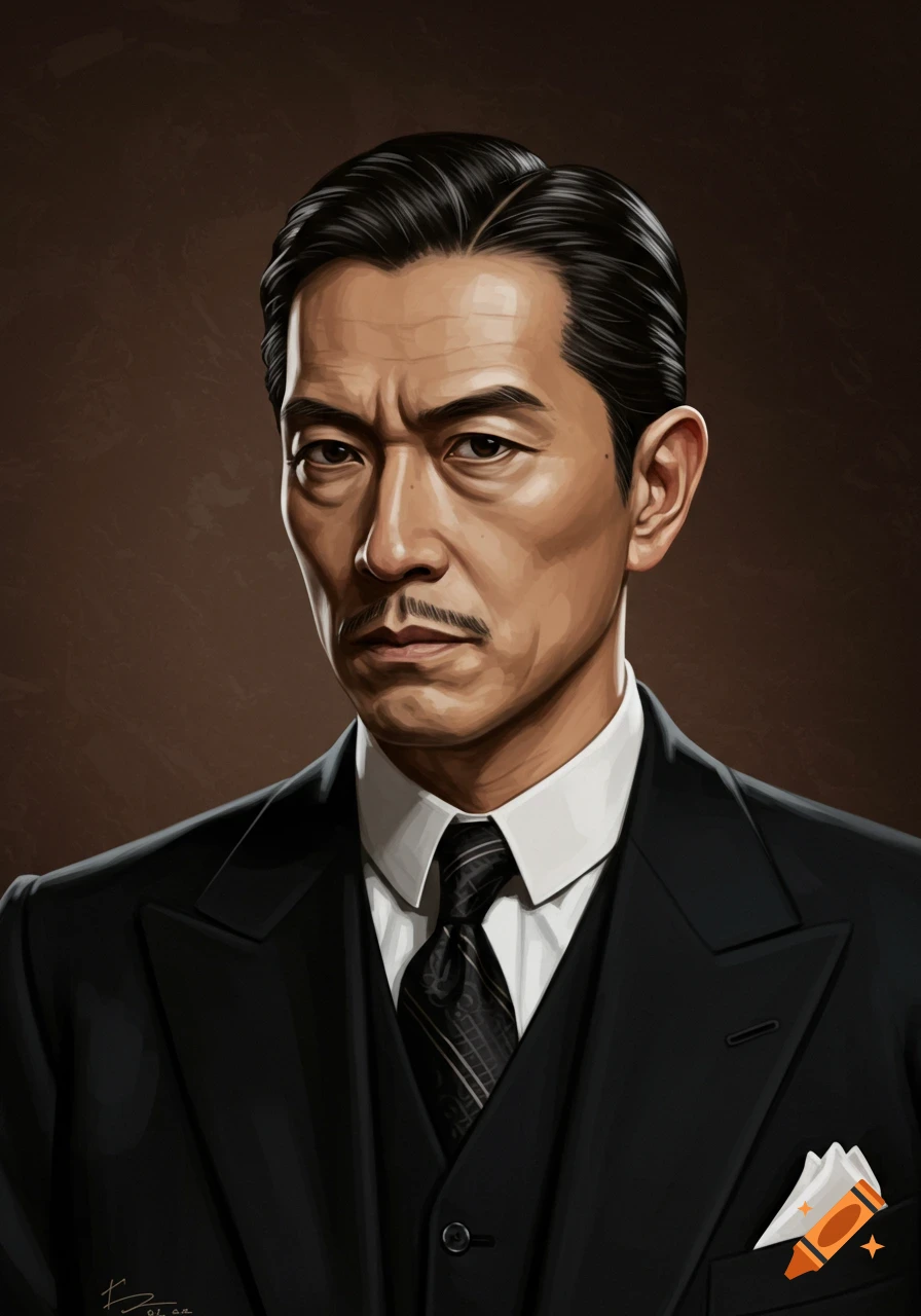 A serious man in a black 1940s-style suit with slicked-back dark hair and a thin mustache looks forward.