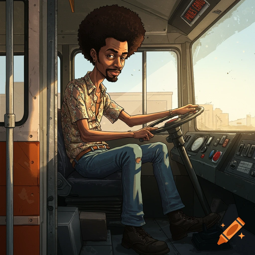 Cartoon of a scrawny male bus driver with a large afro, wearing a patterned shirt and jeans, driving a bus.