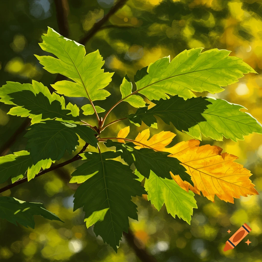 Close-up of green and yellow tree leaves bathed in sunlight, with a blurred background.