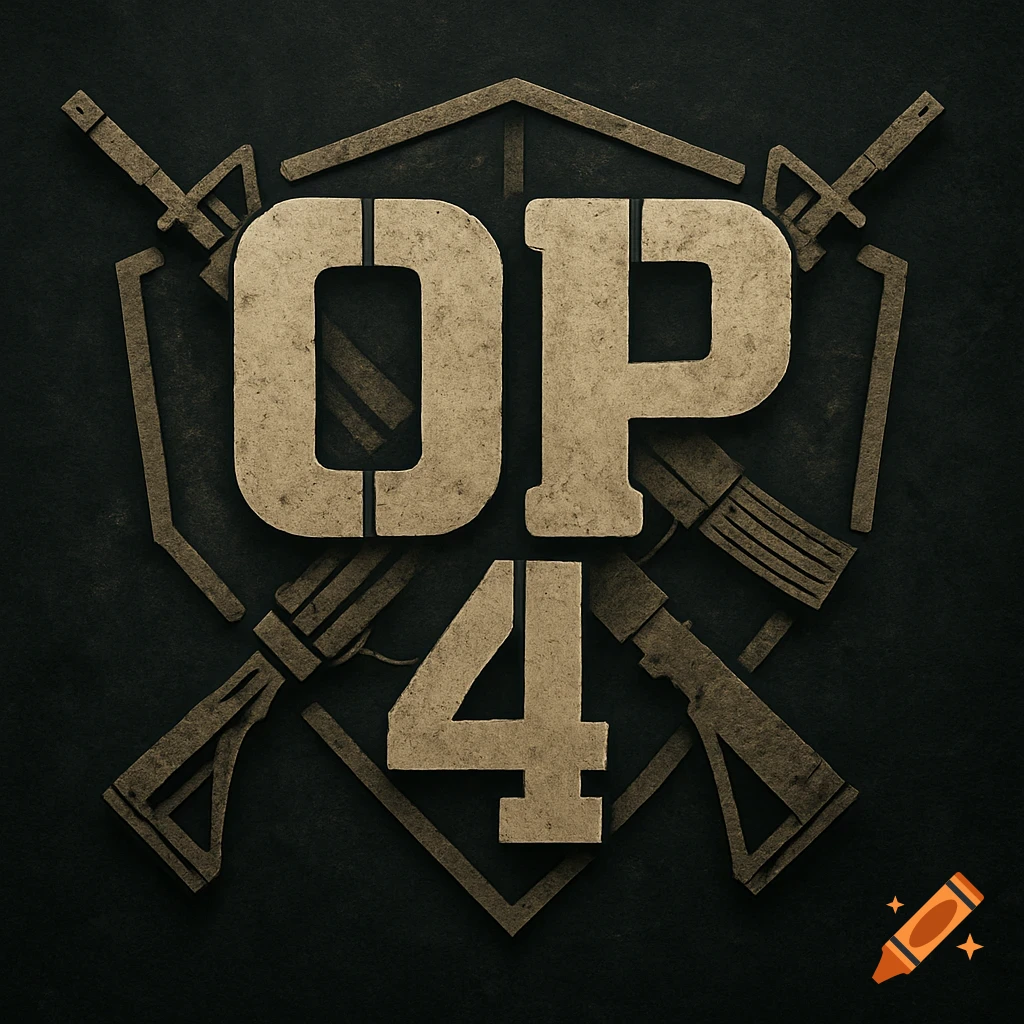 A distressed tactical logo with the letters 'OP' above the number '4', set against a dark background with crossed stylized weapons.