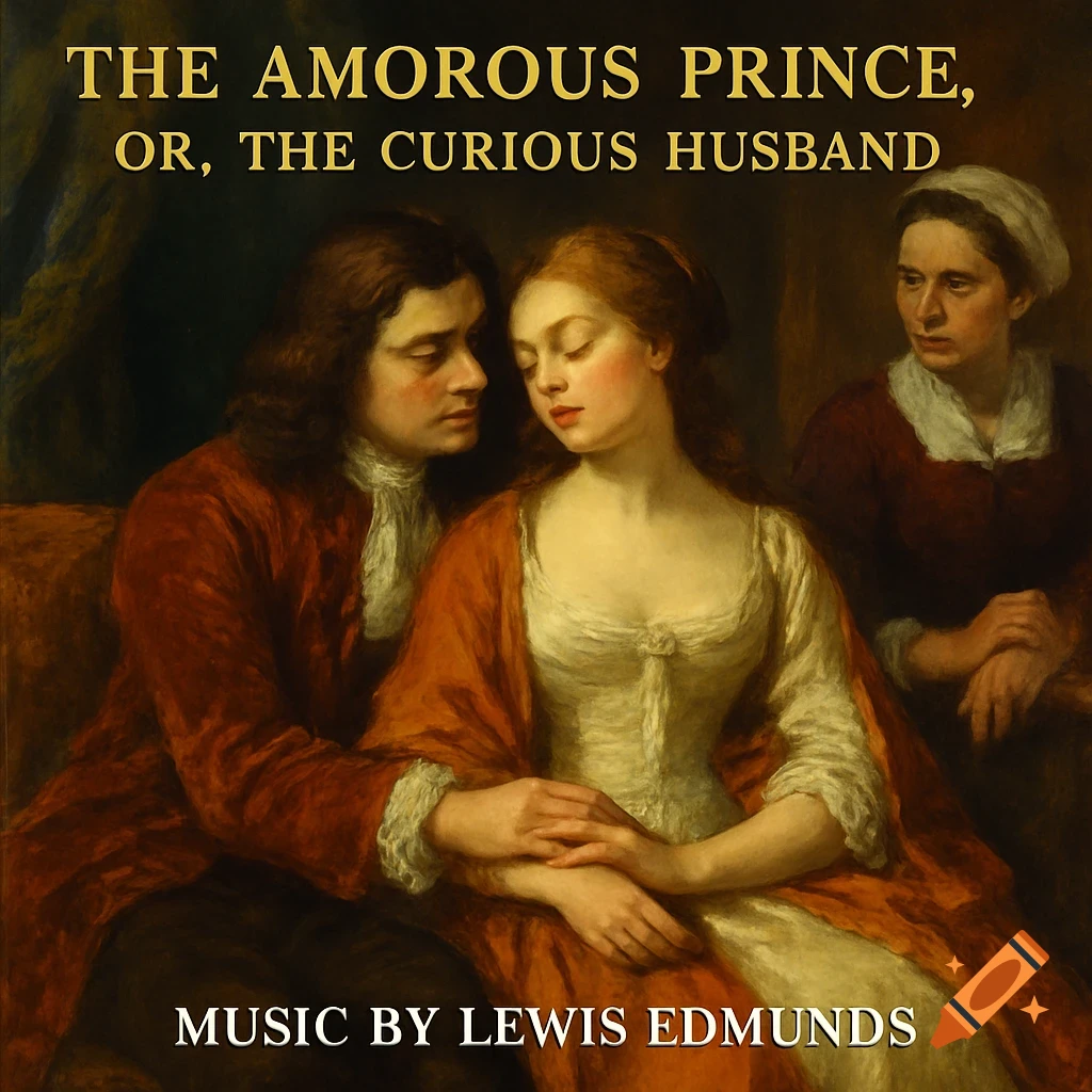 A classical painting style album cover featuring a man embracing a woman, with another woman looking on in the background. Text reads: "The Amorous Prince, Or, The Curious Husband" and "Music by Lewis Edmunds."