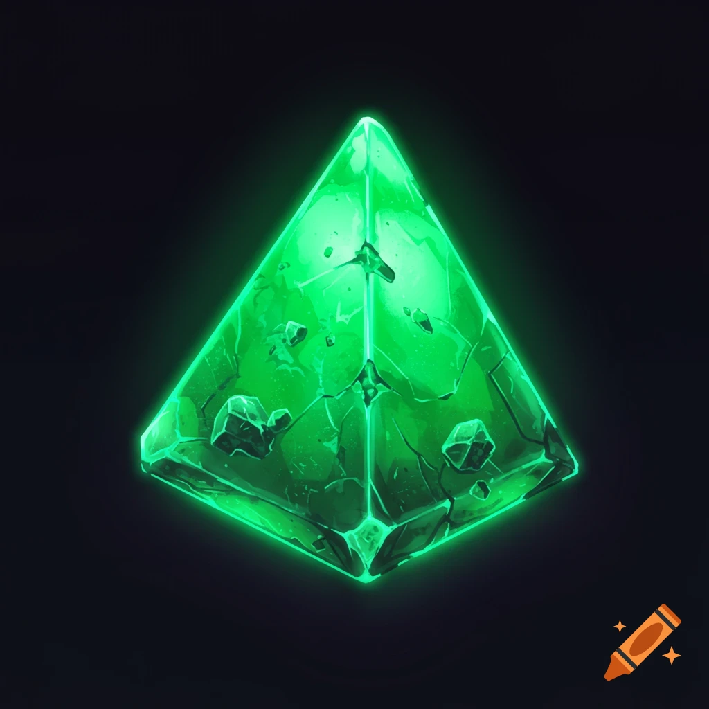 A glowing, cracked green pyramid-shaped crystal or relic on a dark background.