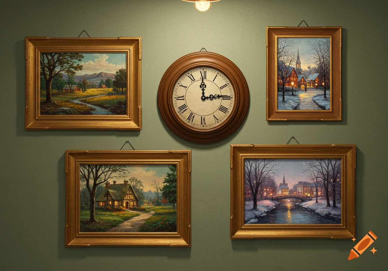 A dark green wall displays a central wooden clock, surrounded by four framed landscape paintings showing summer and winter scenes.