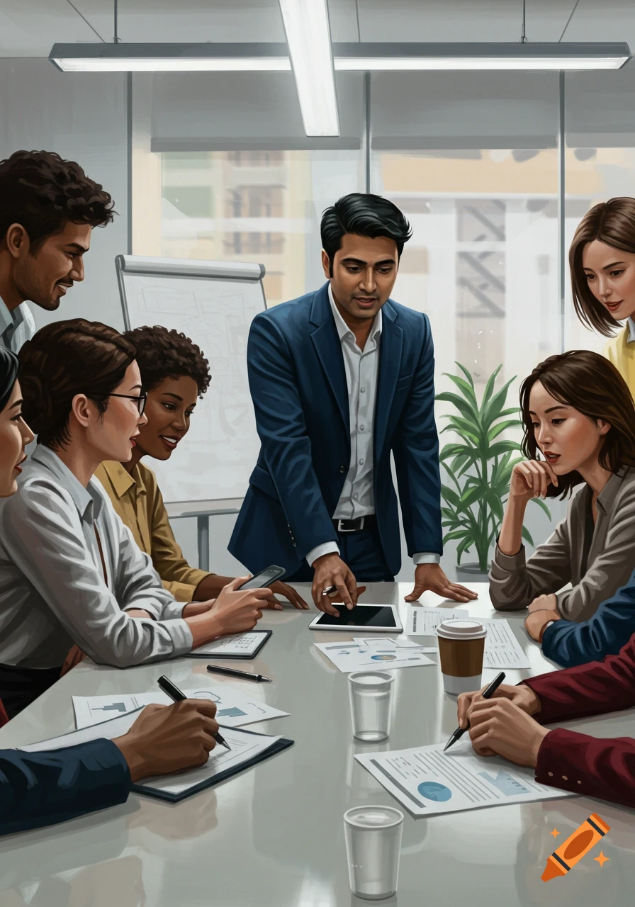 A diverse group of professionals gathers around a conference table, with one man pointing at a tablet and others looking on or taking notes.