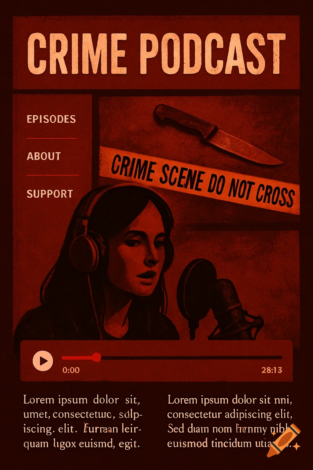 A stylized red and black crime podcast webpage featuring a woman with headphones and a microphone, a knife, and crime scene tape.