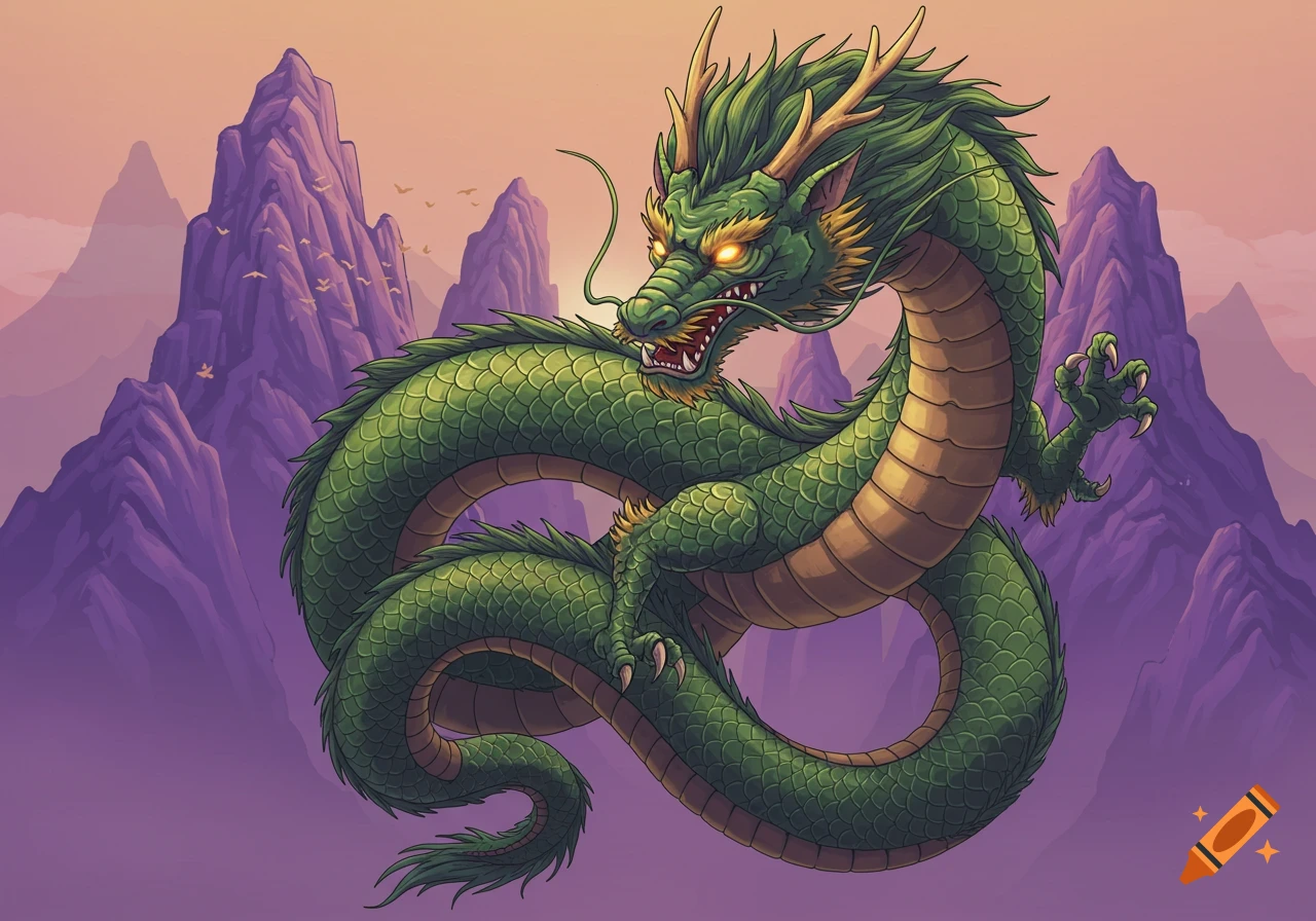 A vibrant green Chinese dragon coils in the air, with glowing eyes, set against purple mountains and an orange sky in an illustrative style.