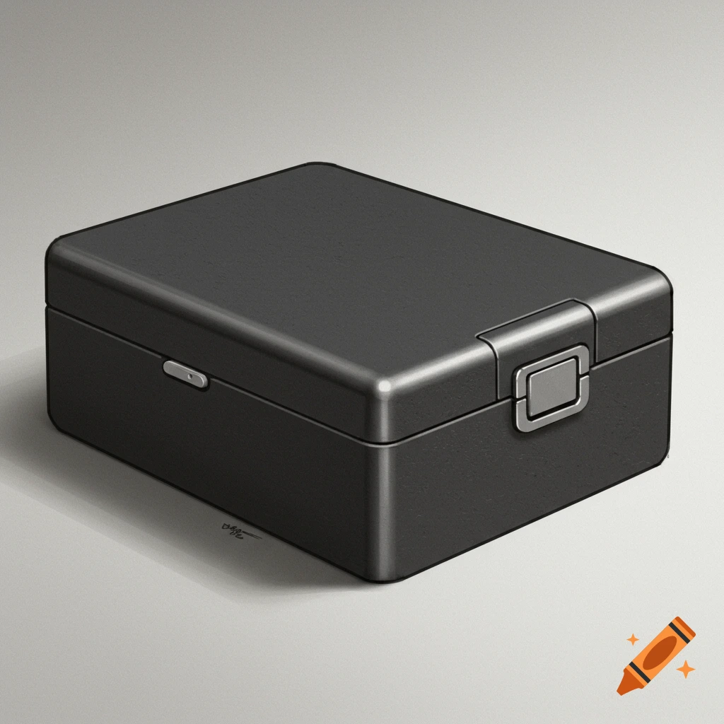A sleek, black rectangular box with a silver clasp and a small silver button, rendered in a minimalist style on a light grey background.