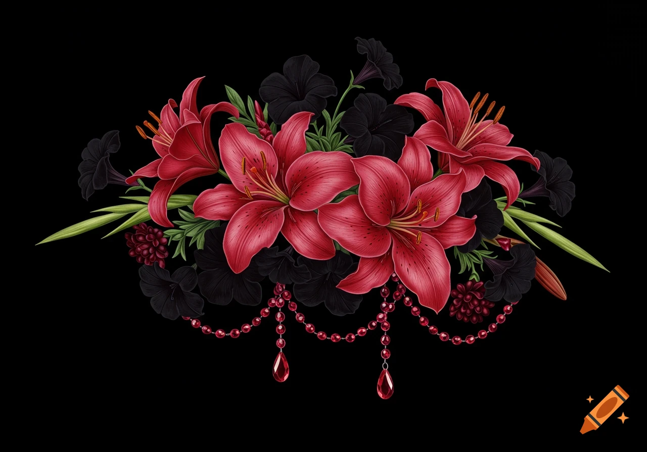 Vibrant red lilies and dark flowers in a decorative bouquet with hanging red beaded garlands against a black background.