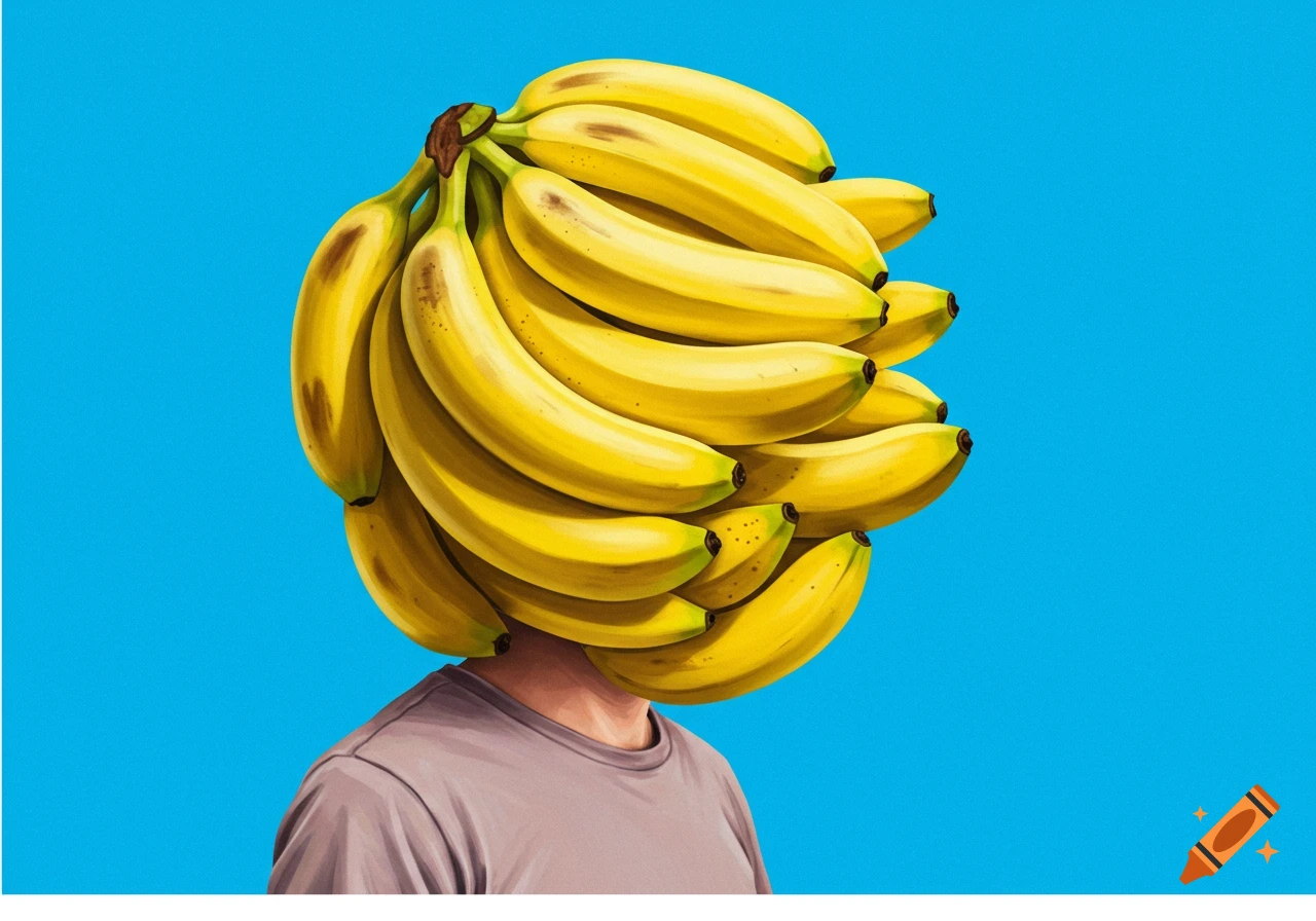An illustration of a person with a large bunch of yellow bananas covering their head against a blue background.