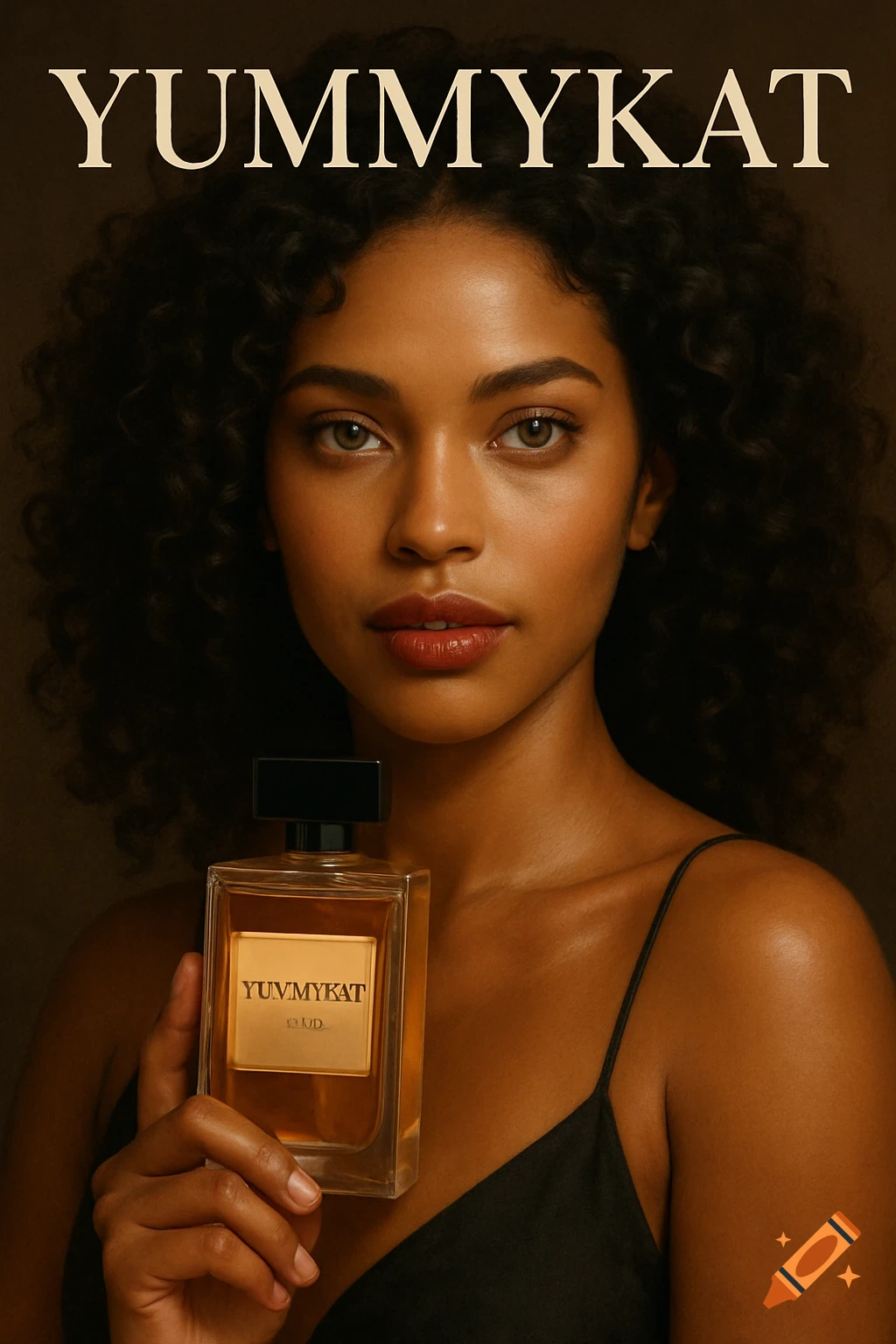 Photorealistic portrait of a woman holding a perfume bottle, with "YUMMYKAT" text above.