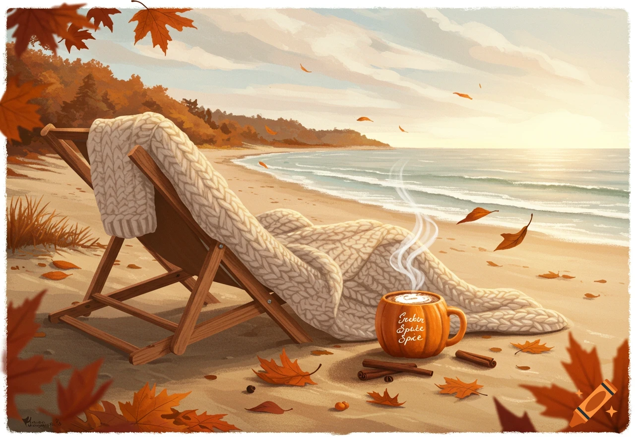 A cozy beach scene with a wooden chair draped in a knitted blanket and a steaming pumpkin spice latte mug on the sand, surrounded by autumn leaves.