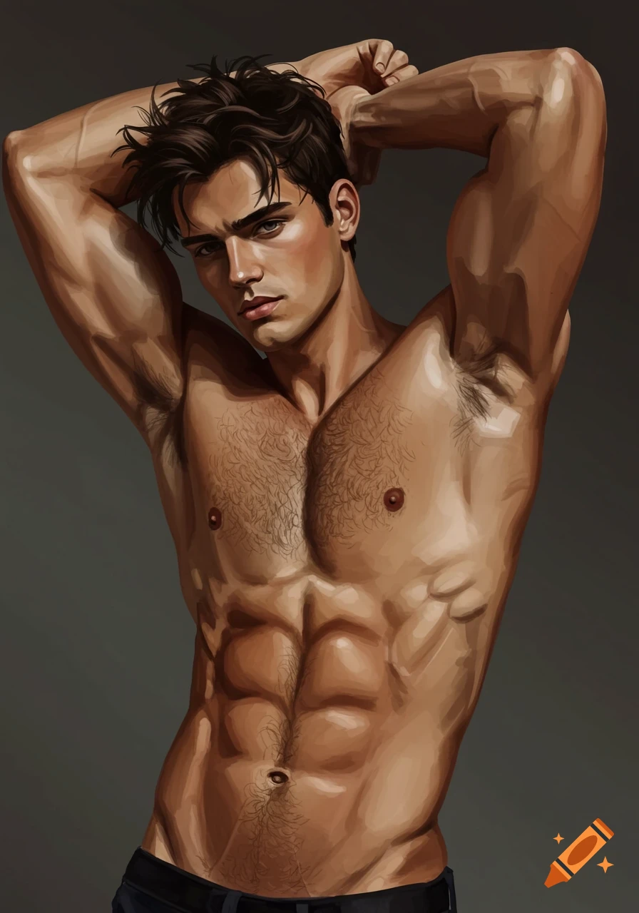 Digital painting of a muscular man with dark hair, posing with arms raised, showing his chest and abs.