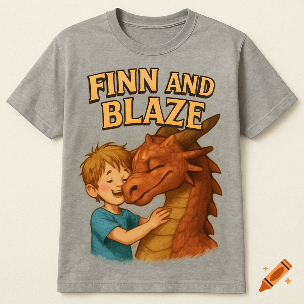 A gray t-shirt with a colorful illustration of a boy hugging a friendly orange dragon, with the text "FINN AND BLAZE" above them.