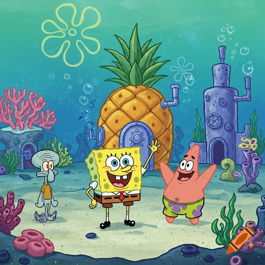 SpongeBob, Patrick, and Squidward stand underwater in Bikini Bottom with their houses, in a cartoon style.