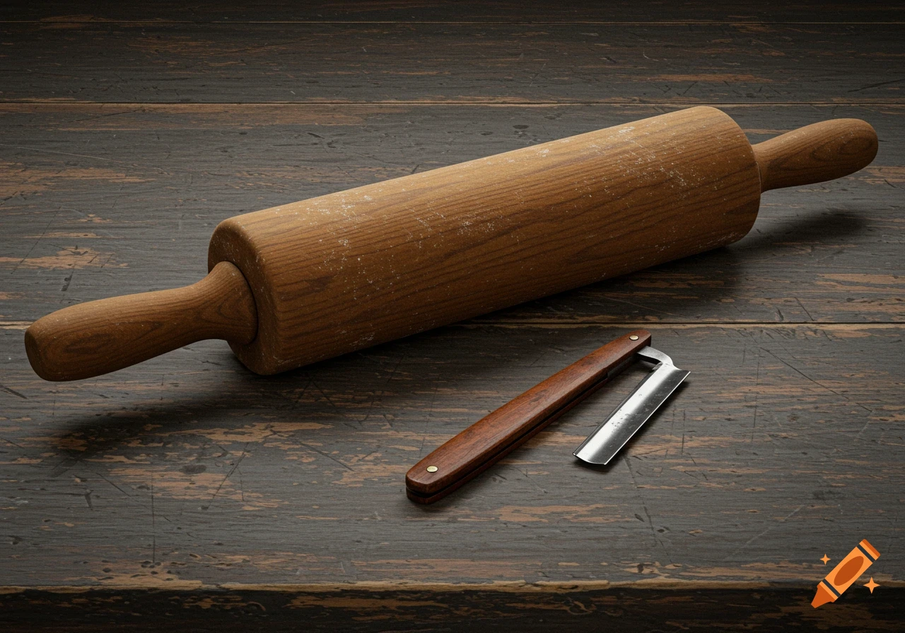 A wooden rolling pin and an open straight razor lie on a dark, rustic wooden table.