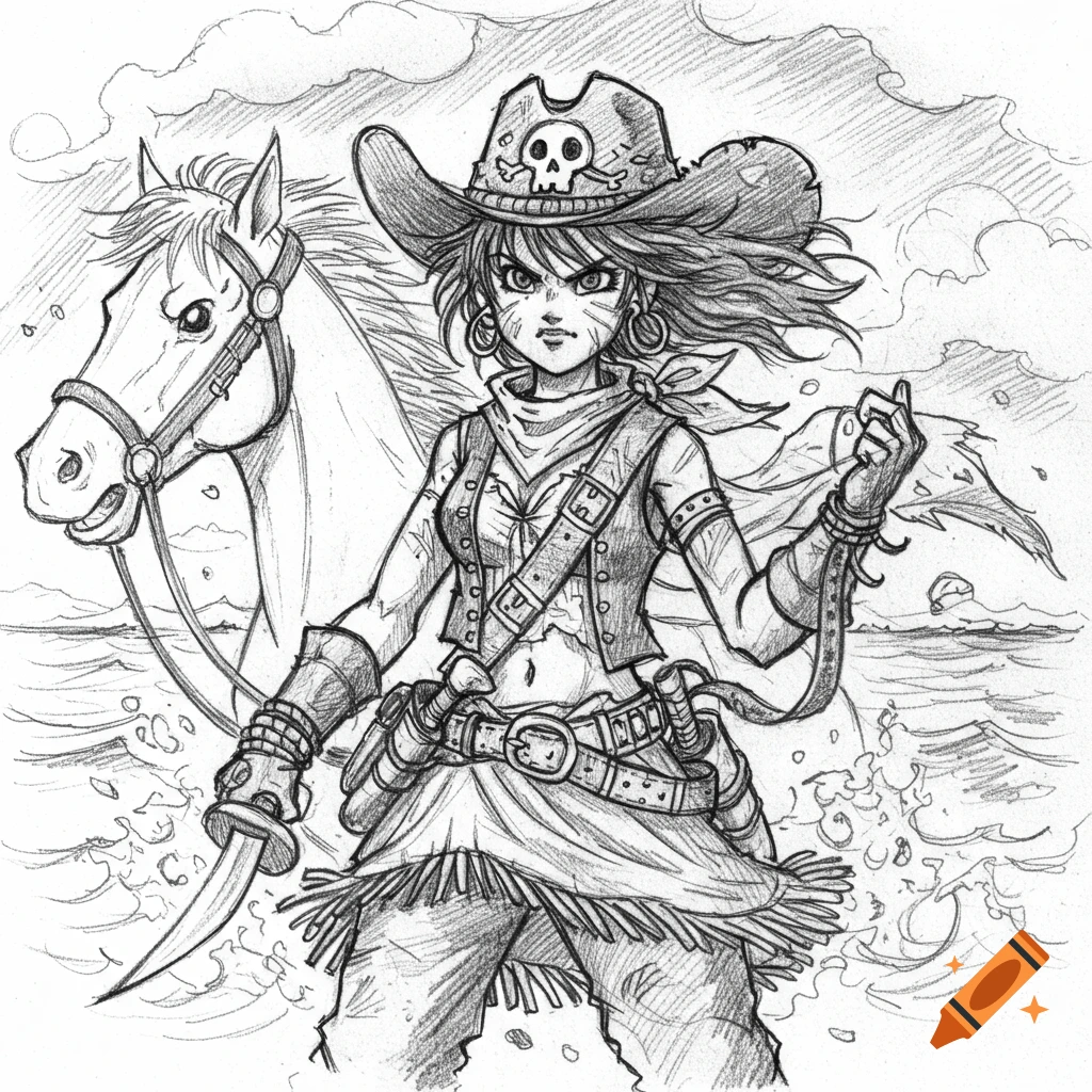 Black and white pencil sketch of a pirate cowgirl with a skull hat and dagger, standing next to a horse.