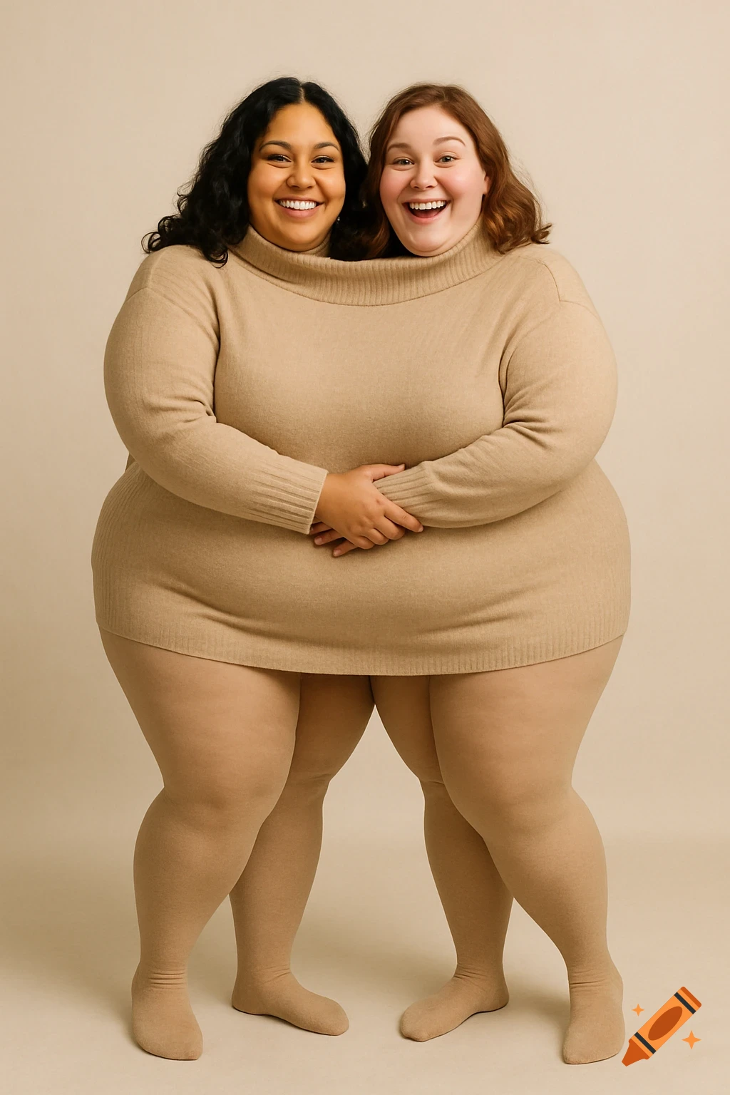 Two smiling, plus-size women with two heads share one oversized beige turtleneck sweater, creating a merged body illusion.