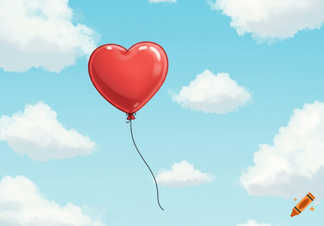 A red heart-shaped balloon floats in a blue sky with white clouds in a cartoon style.