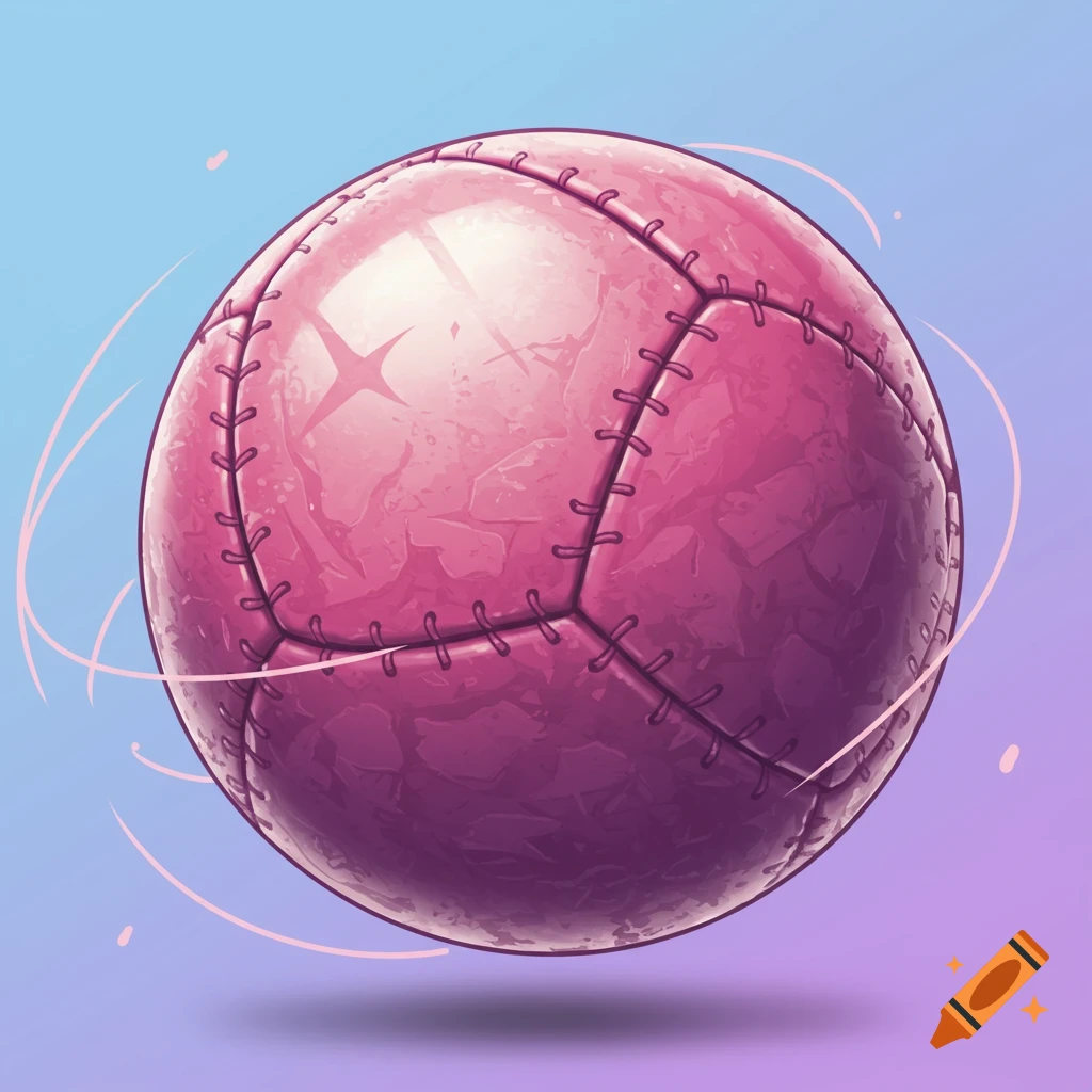 A stylized pink and purple stitched ball floats against a gradient background with swirling lines.