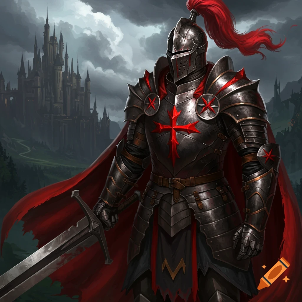 A knight in black and red armor with a red cape stands holding a sword in front of a dark castle under a cloudy sky.
