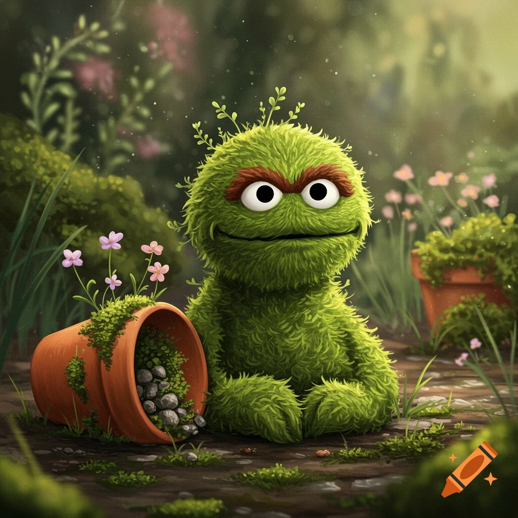 A mossy, green character similar to Oscar the Grouch sits in a lush garden next to a spilled terracotta pot with flowers.