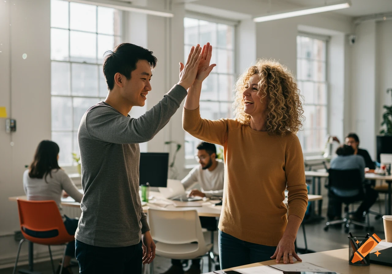 Two smiling people high-fiving in a bright, modern coworking office.