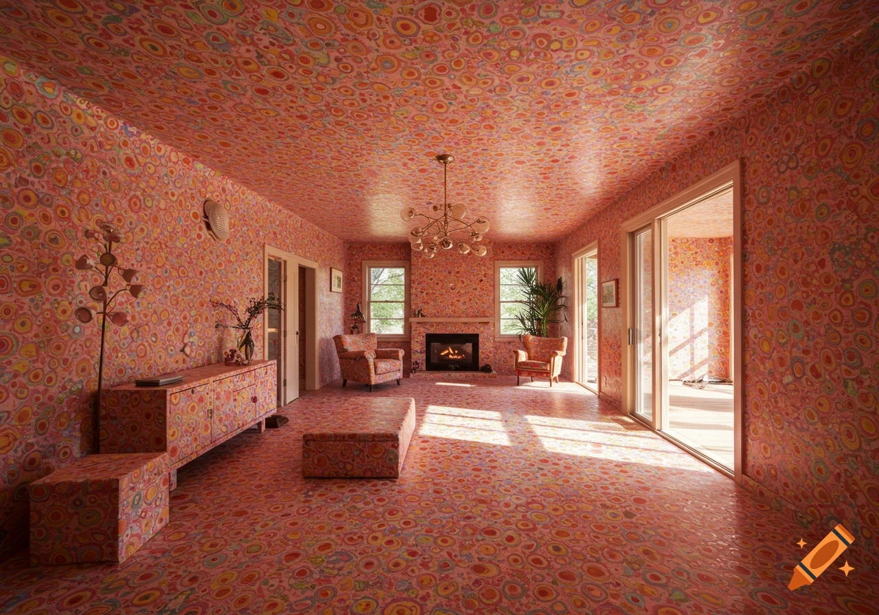 A living room interior with walls, floor, and furniture covered in vibrant, swirling, multi-colored circular patterns, with light streaming in.