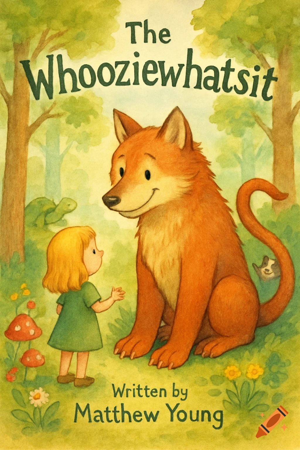 A watercolor children's book cover featuring a girl and a large fox-like creature in a forest.