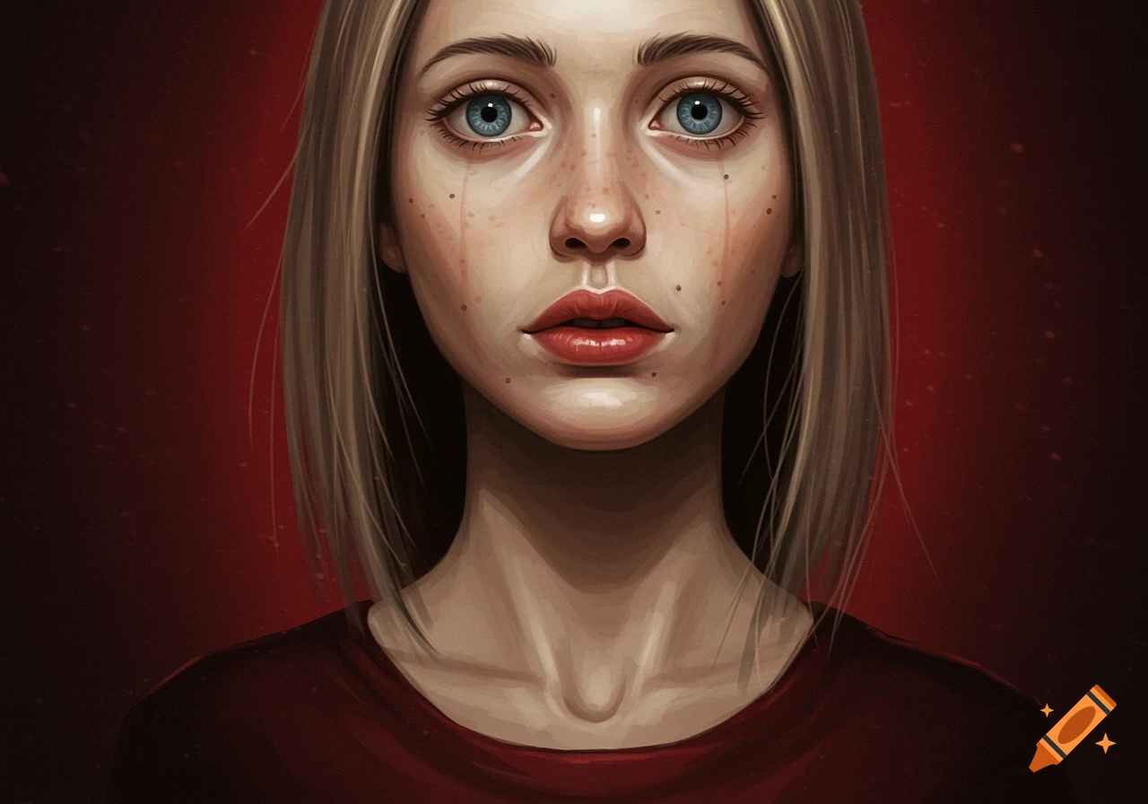 Close-up illustration of a woman with large blue eyes, tear-streaks on her face, and a blank expression, against a red background.