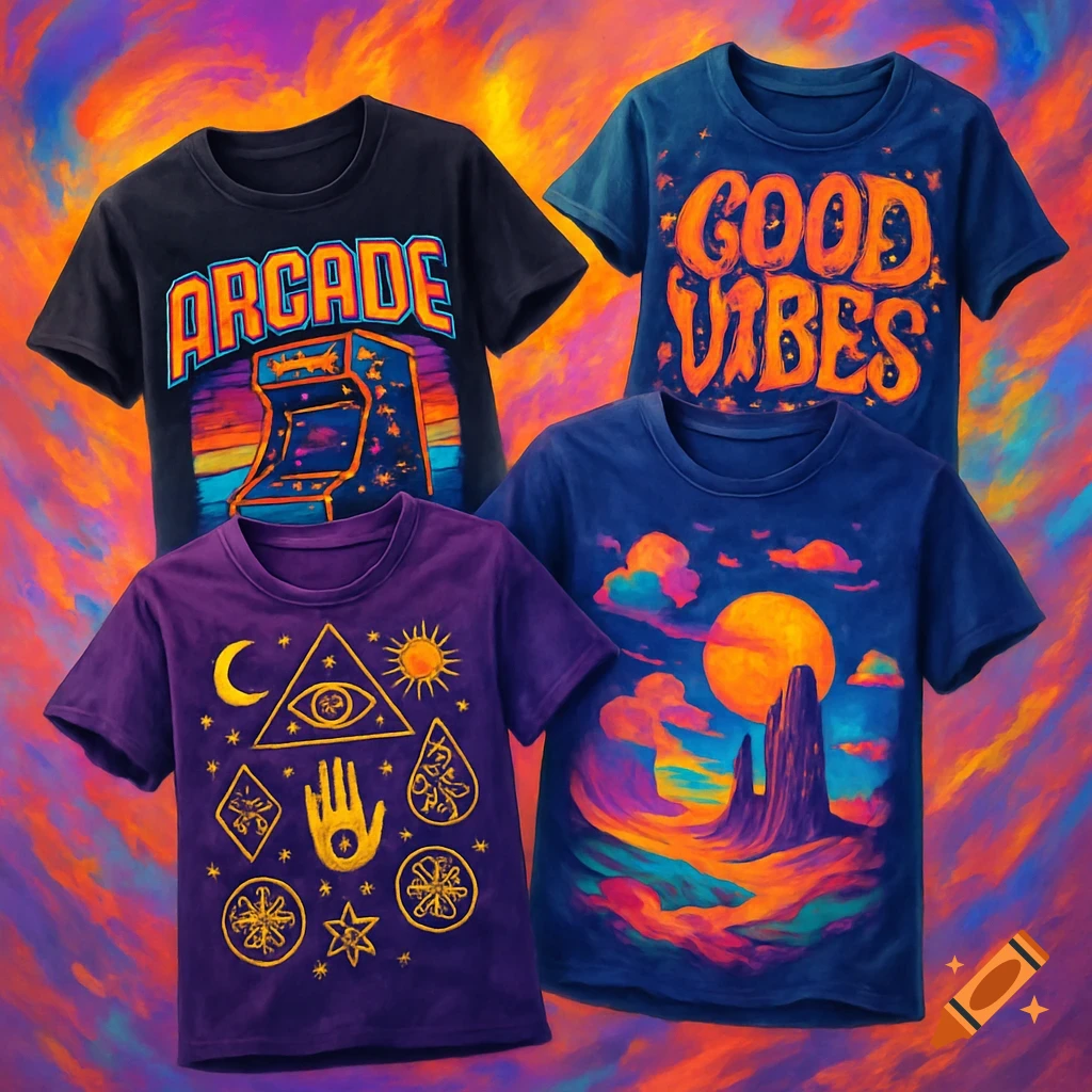 Four vibrant t-shirts featuring retro arcade, "Good Vibes" typography, mystical symbols, and a surreal landscape, floating against a colorful background.