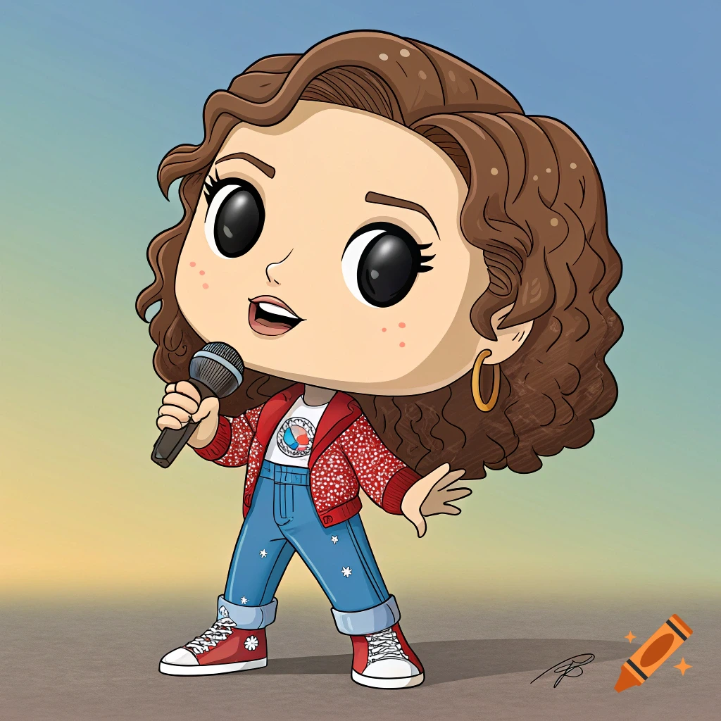 A chibi cartoon character with curly brown hair, wearing a red speckled jacket and jeans, holding a microphone.