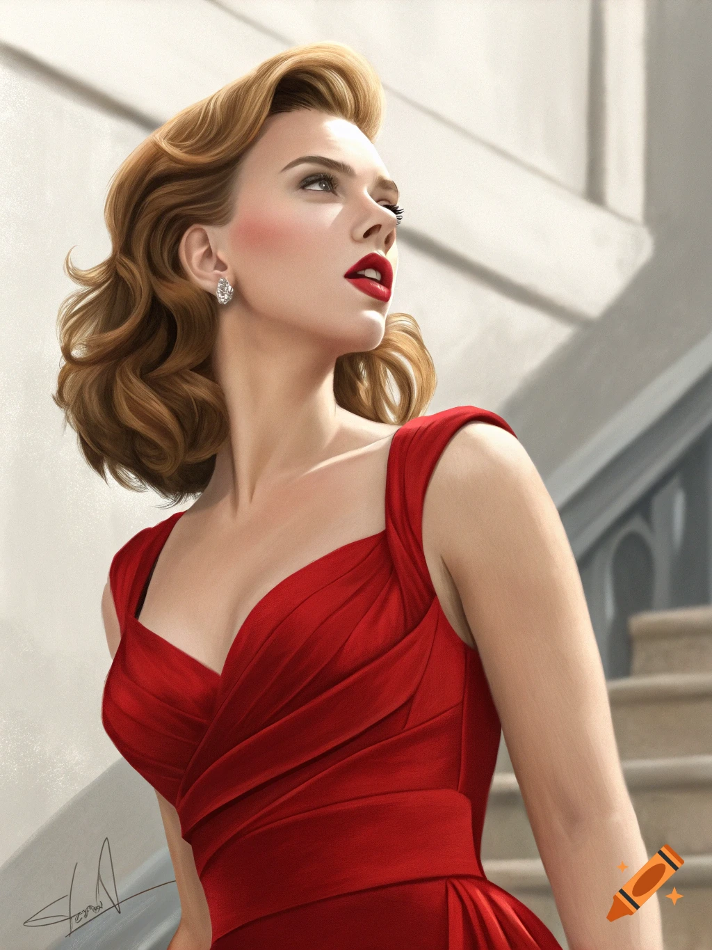 Realistic digital painting of a woman resembling Scarlett Johansson in a red dress, looking up, with blonde wavy hair.