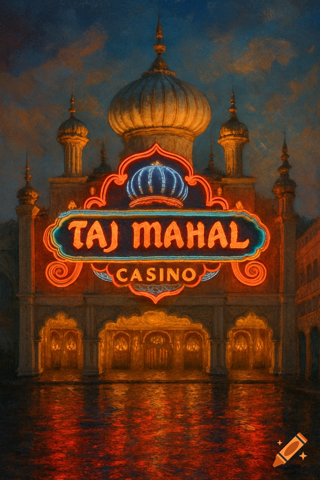 A night-time painterly image of the Taj Mahal Casino, with its grand architecture and neon sign reflecting in the water.