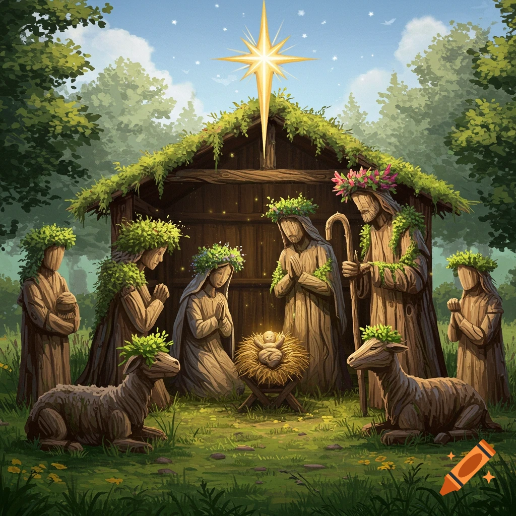 A stylized outdoor timber nativity scene with figures and sheep adorned with green plants, under a bright star.