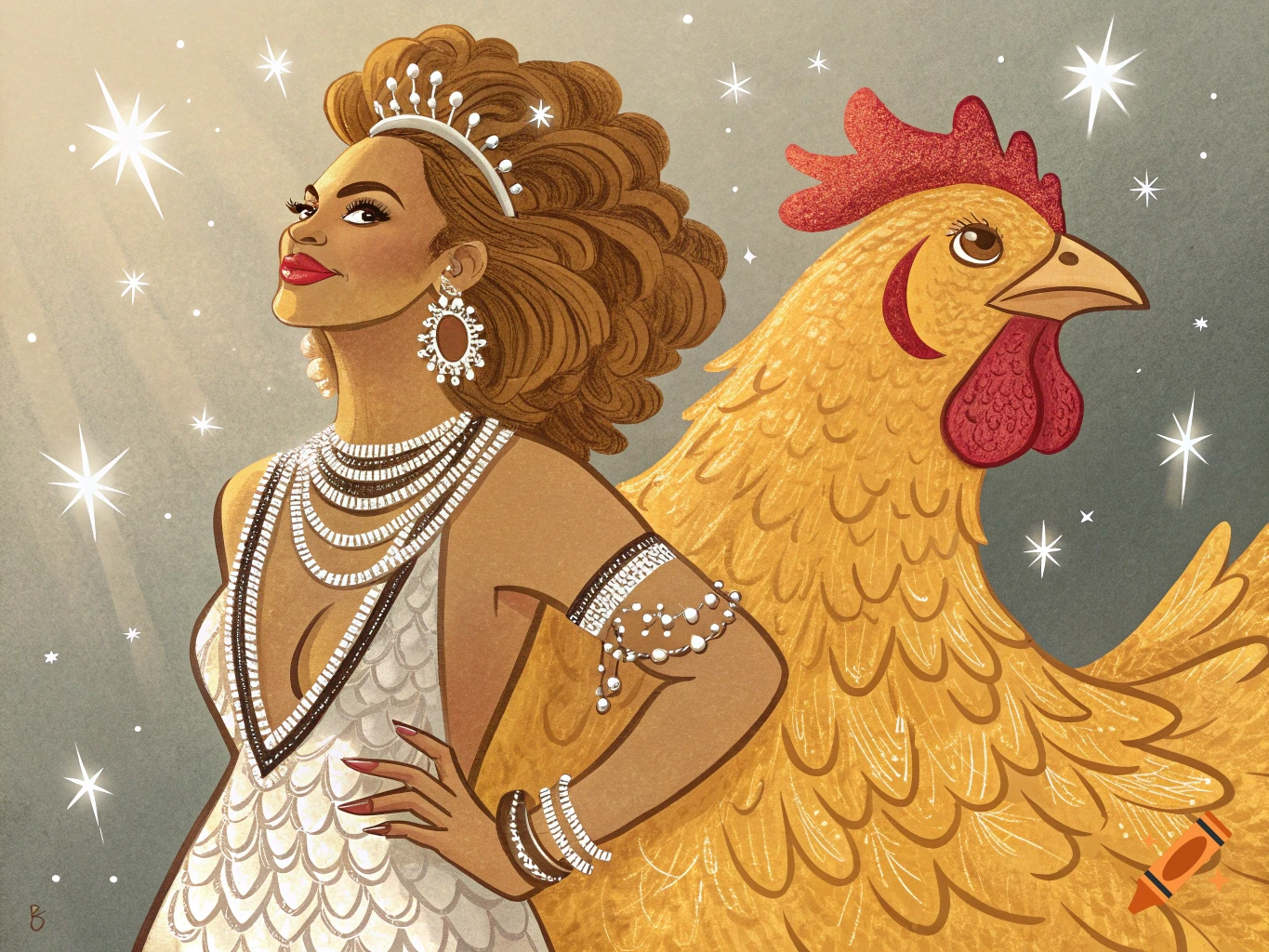 Stylized illustration of a glamorous Beyoncé in a white dress and pearls, standing next to a large golden chicken with sparkling stars.