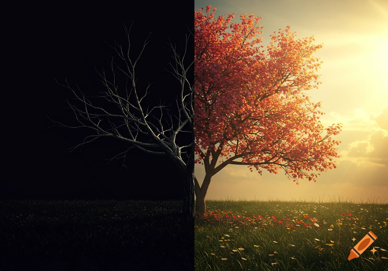 A digital art image split vertically, showing a dead, bare tree on the dark left side and a vibrant, leafy tree in a sunny, flowery field on the right side.