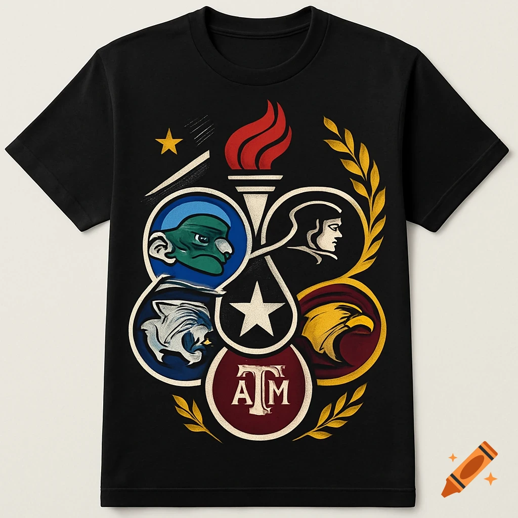 Black T-shirt with a colorful, crest-like design featuring a central torch and star, surrounded by university symbols like mascots and an 'ATM' logo, all framed by golden laurels.