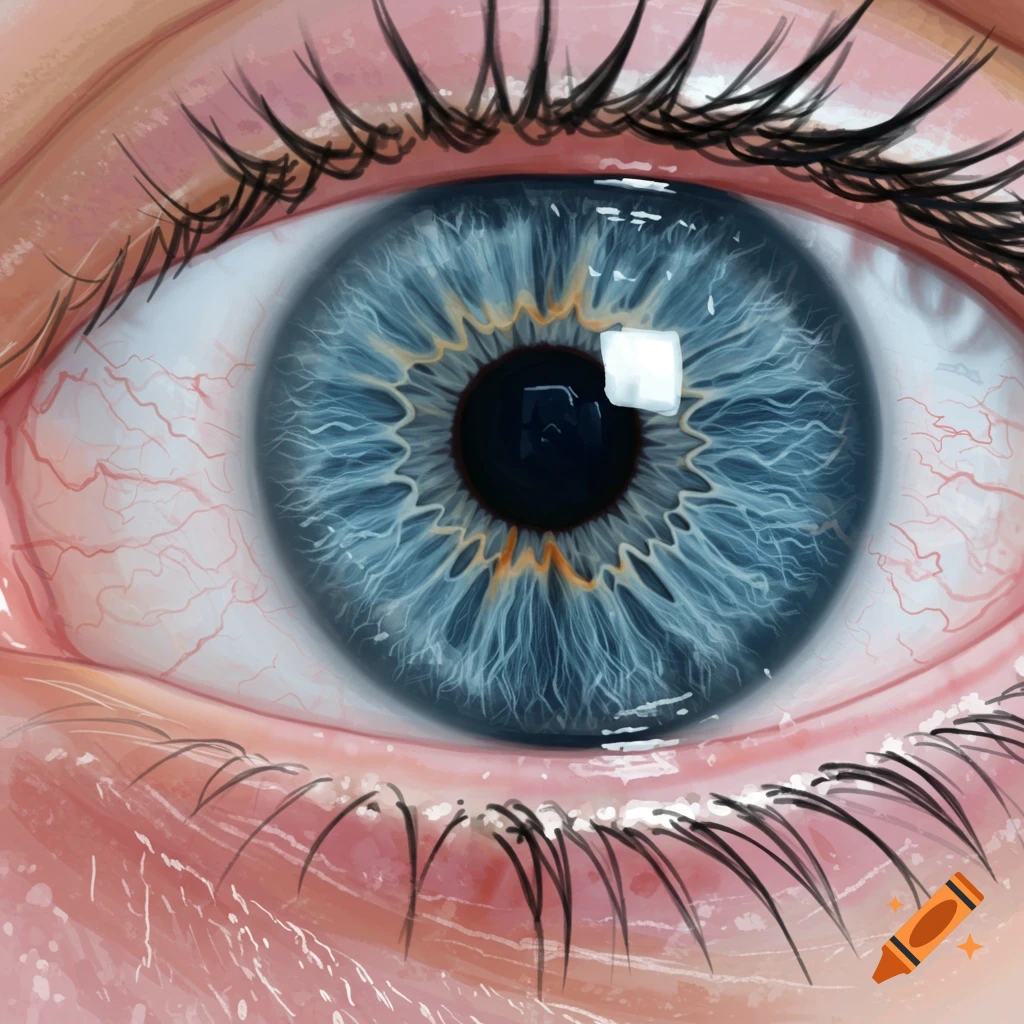 Close-up digital painting of a detailed blue human eye with visible veins and eyelashes.