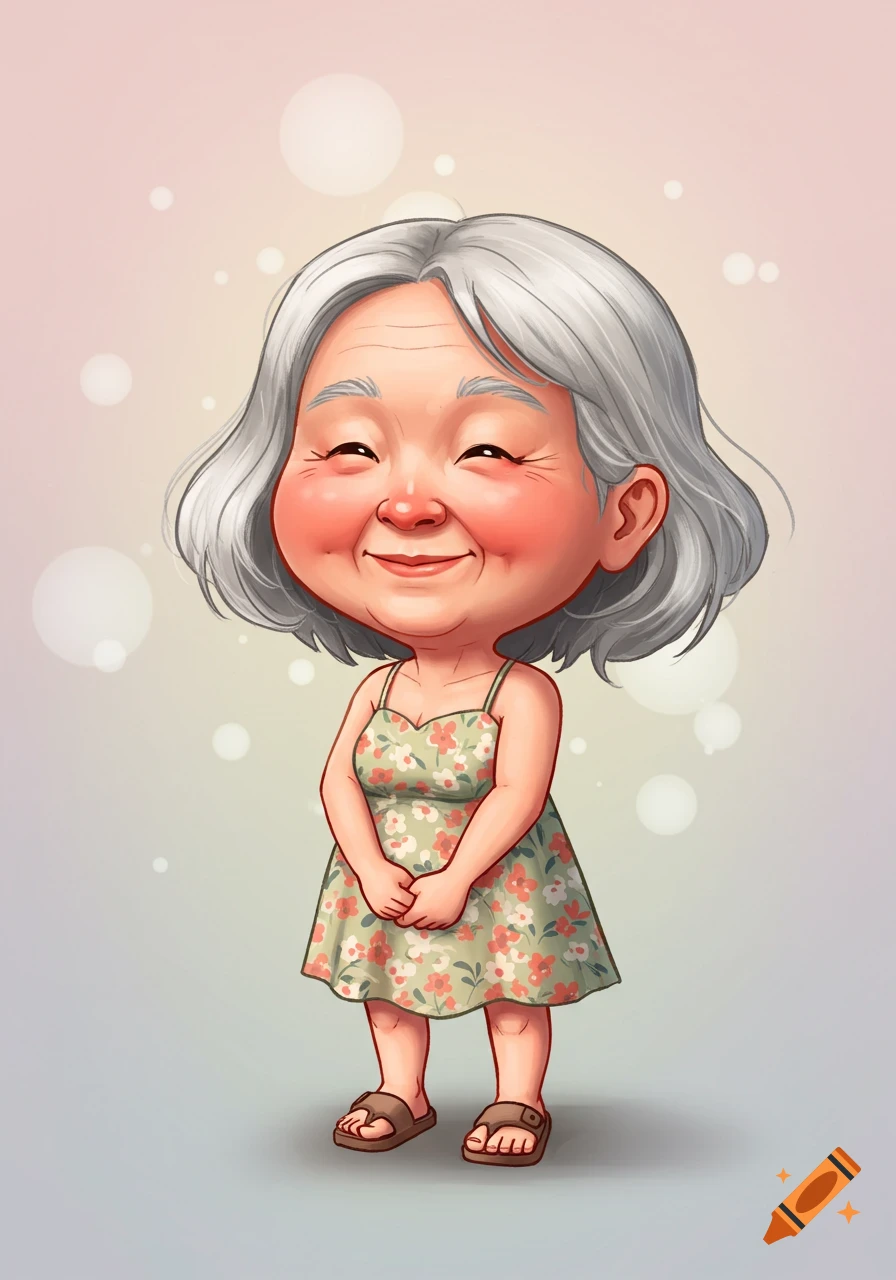 A cartoon caricature of a smiling older woman with short gray hair, wearing a green floral dress and sandals.
