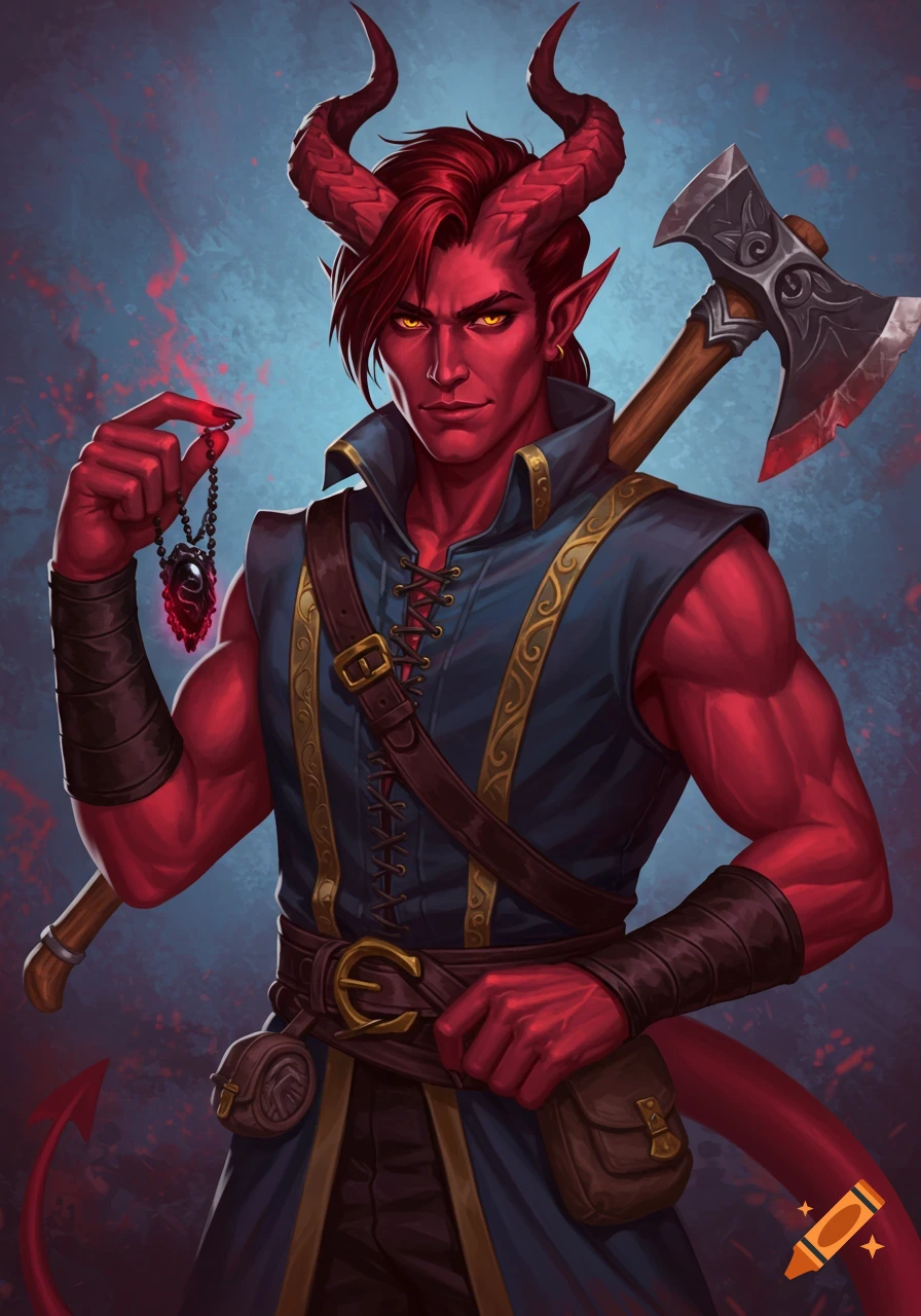 A red-skinned male tiefling with horns and yellow eyes, wearing a dark blue tunic, holds a glowing red amulet and carries a battle axe.