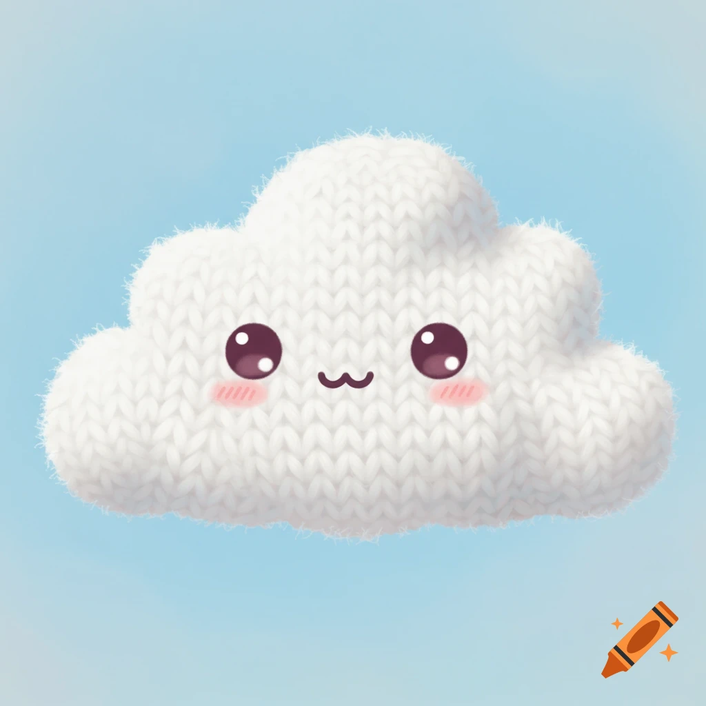 A soft, white, knitted kawaii cloud with a cute face, featuring blush and big eyes, against a light blue background.