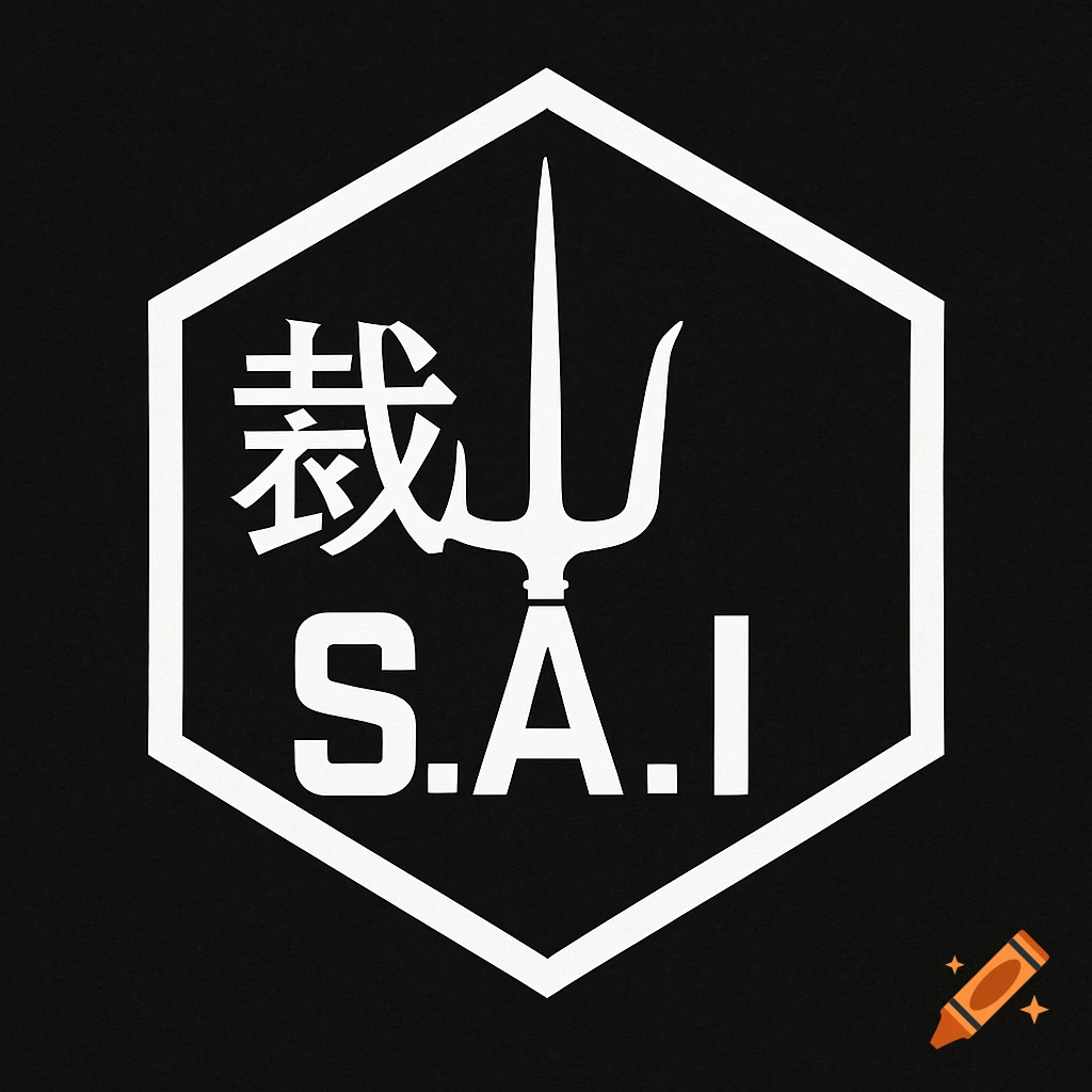 A white hexagonal logo on a black background, featuring a white sai weapon vertically centered, with a Japanese character above its handle and "S.A.I." below it.