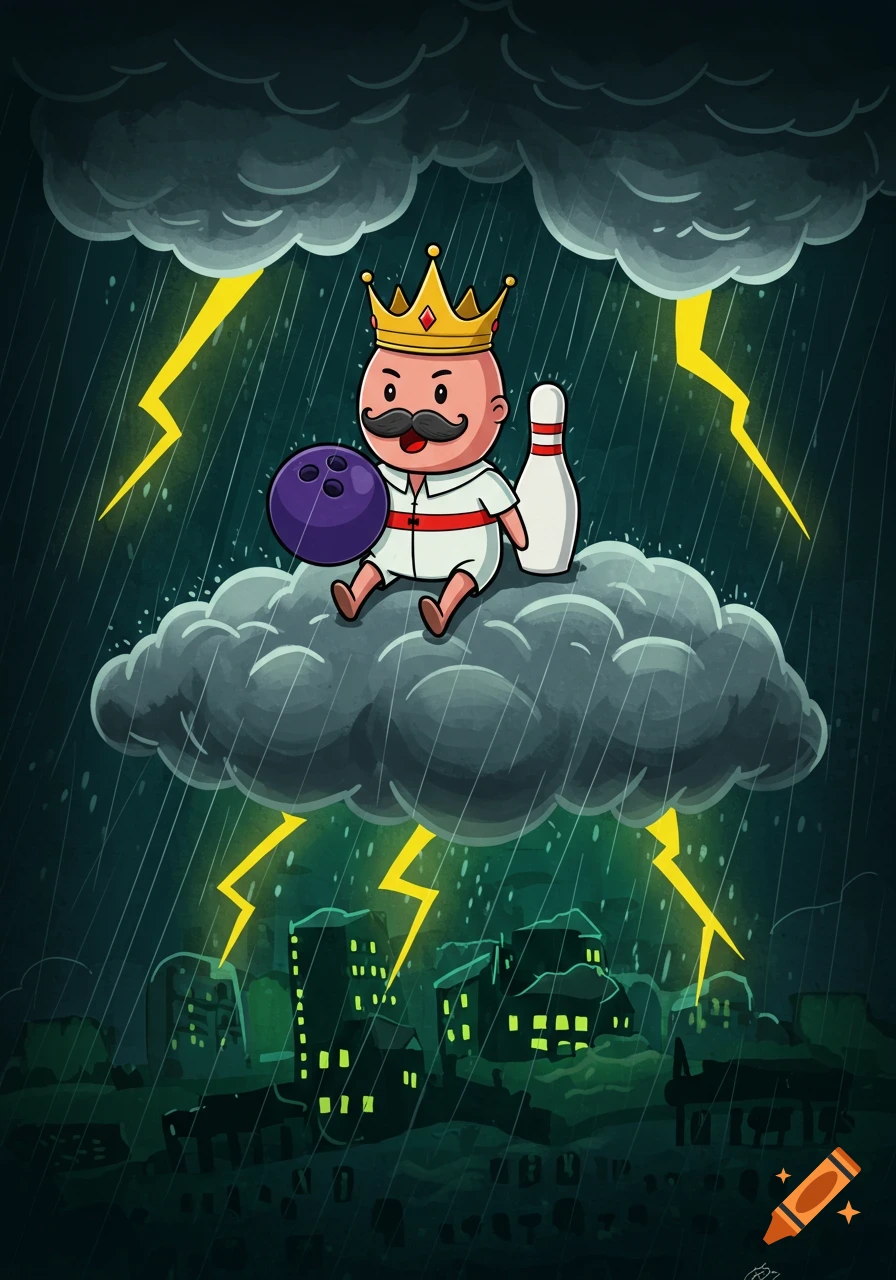 A cute bowling character with a crown and mustache sits on a storm cloud, holding a bowling ball, with lightning and a green rainy town below, in a graphic illustration style.