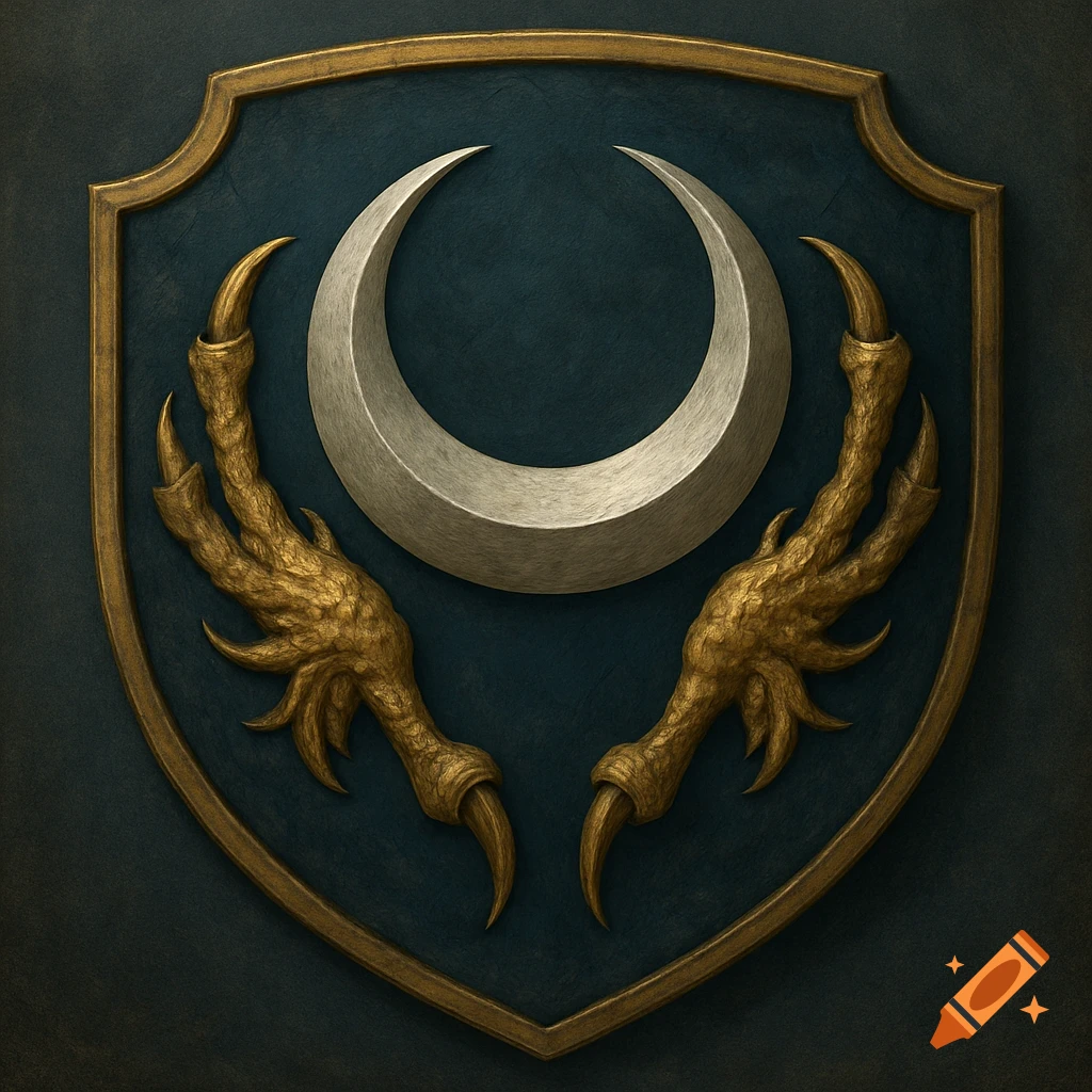 A detailed shield crest featuring a silver crescent moon and two golden scaly claws on a dark teal background with a gold border.