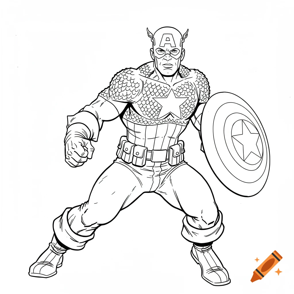 Line art of Captain America holding his shield, striking a determined pose.